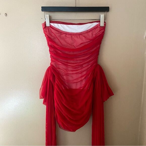 NWT Norma Kamali Strapless mini dress Bill Pickleball Bow Tiger Red Revolve XS - Picture 12 of 16